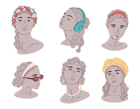 Set of female antique heads. Flat classic stone or clay Greek statues of women. Modern fashion accessories. Collection of vector isolated cartoon illustrations.