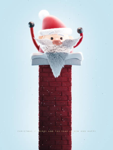 istock Santa Claus coming down the red chimney on blue background with falling snow. Christmas greeting card design. 1702197873