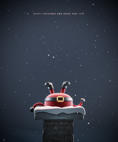 Christmas greeting card design. Santa Claus stuck in the chimney with text and copy space on dark gray background. 3D Rendering, 3D Illustration