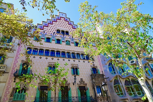 Barcelona, Spain: 09/25/2023- Low angle view of Casa Batllo building of Antoni Gaudi in Barcelona, Spain.
