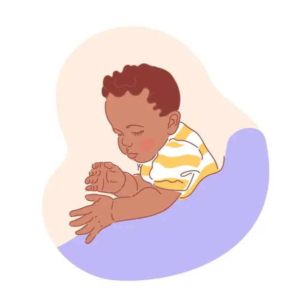 Vector illustration of Cute little black baby boy or girl in a striped t-shirt is sleeping. Soft pillow. Bedtime. Sleep expert emblem. Calm healthy childrens sleep. Sleep training. The final illustration in a sketch style.
