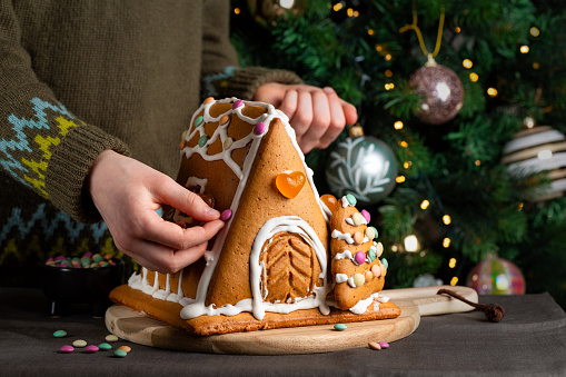 Stock photo showing close-up view of a snowy clearing, conifer forest scene. A homemade, gingerbread house decorated with white royal icing surrounded by model fir trees on white, icing sugar snow against a snowy blue background.