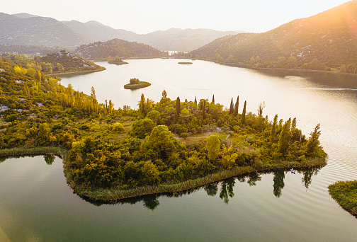 Lake in Croatia from above at sunrise