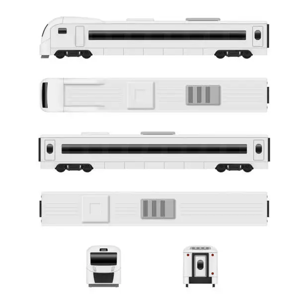 Vector illustration of White modern passenger speed train wagon locomotive set different view realistic vector illustration