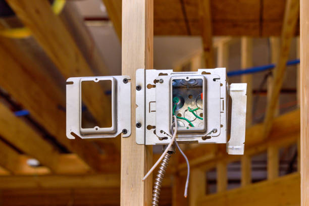 istock Electrical metal box and wiring for interior wall in under construction house 1702223294