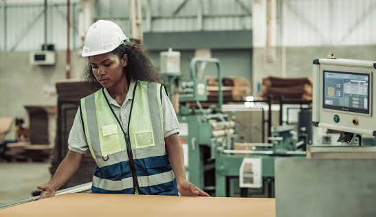 The paper factory technician ensures efficient operation by conducting assessments of cardboard sheet measurements to verify accuracy and quality before starting automated processing with machinery.