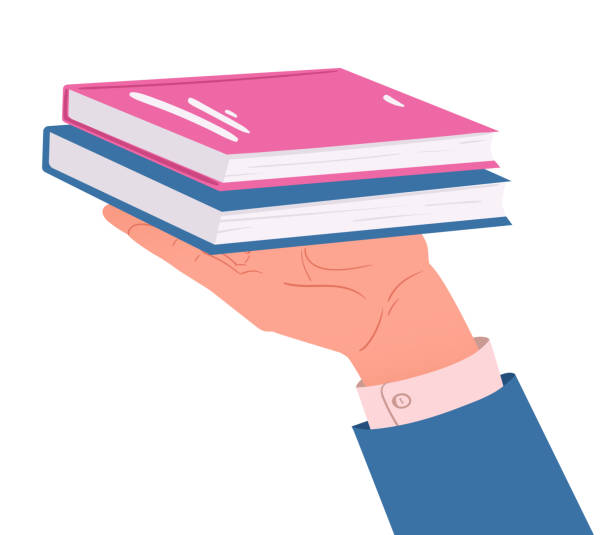 istock Cartoon hand holding book stuck. Hand holding books, reading, studying and literature loving concept flat vector illustration. Paper books in human hand 1702240468