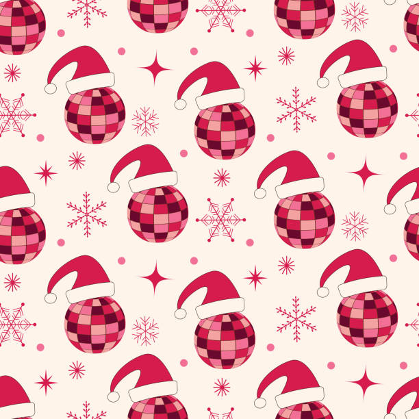クリスマスディスコボールは、赤とピンクのサンタの帽子、雪片、スターバーストとシームレスなパターンです。 - christmas gift giftwrap old fashioned点のイラスト素材／クリップアート素材／マンガ素材／アイコン素材