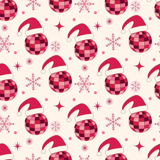 Vector illustration of Christmas disco balls seamless pattern with Santa hats, snowflakes and starbursts in red and pink.