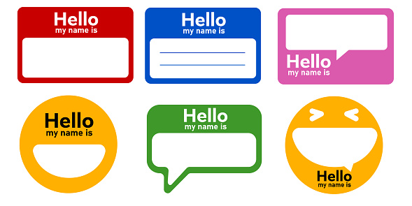 Name tag sticker design template empty with text Hello my name is label registration identity vector