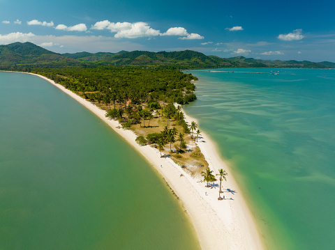 Aerial view nature view of the beautiful sandy beach of Laem Had off Koh yao yai island,Amazing beach travel destination in Phang-nga province Thailand