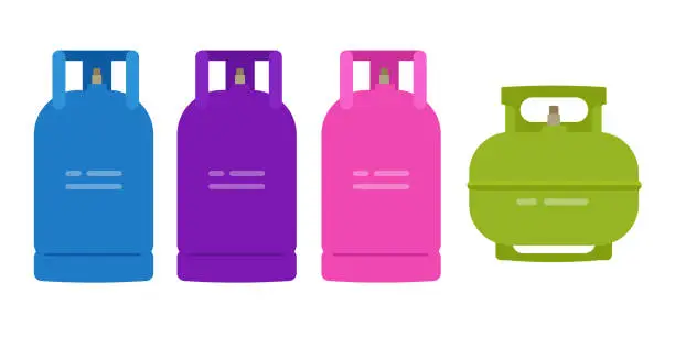 Vector illustration of LPG Liquefied petroleum gas household natural cooking bottle container green blue purple and pink color