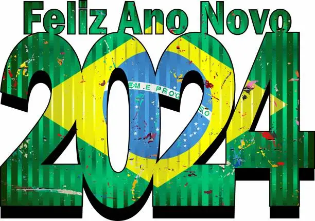 Vector illustration of Happy New Year 2024 with Brazil flag inside