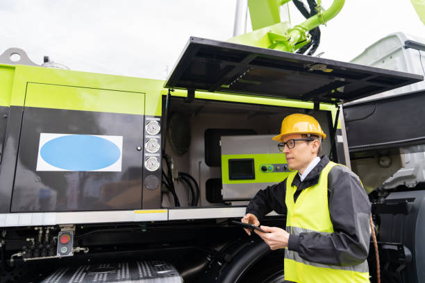 istock Worker in a helmet with a digital tablet on the background of construction machine 1702280223