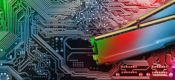 Computer memory RAM on circuit motherboard background .  Computer components . DDR3. DDR4. DDR5.