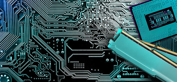 Computer memory and  processor on circuit motherboard background .  Computer components .