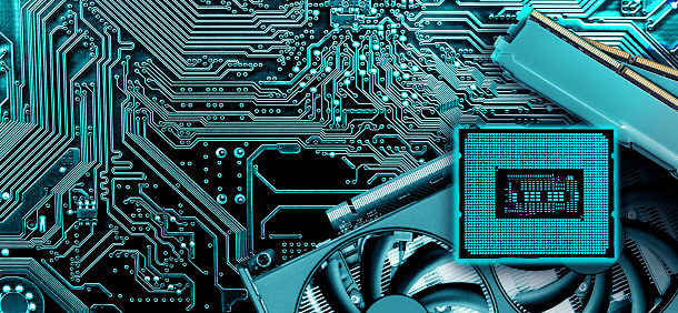 Computer memory, video card and  processor on circuit motherboard background .  Computer components .