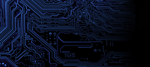 Circuit board. Electronic computer hardware technology. Motherboard digital chip. Computer components . Panoramic background