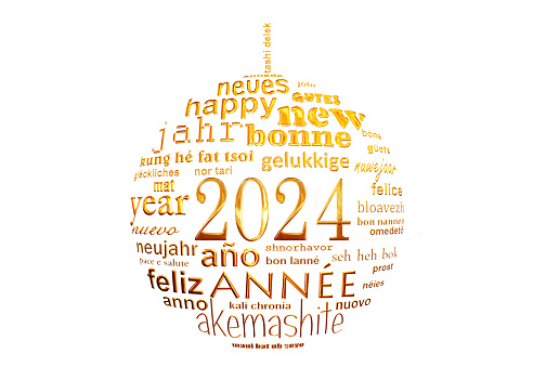 2024 new year multilingual text word cloud greeting card in the shape of a christmas ball isolated on white background