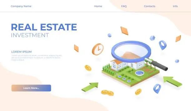 Vector illustration of 3D house. Immobile property. Online web landing page. Finding real estate through magnifier. Home search service. Investing in residential building. Vector isometric website design