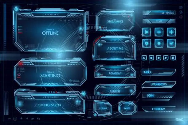 Vector illustration of Game interface. Stream frames. Digital technology. Overlay gamer tags for twitch. Futuristic HUD UI elements set. Rag border or futuristic bar. Glowing buttons. Vector panel templates