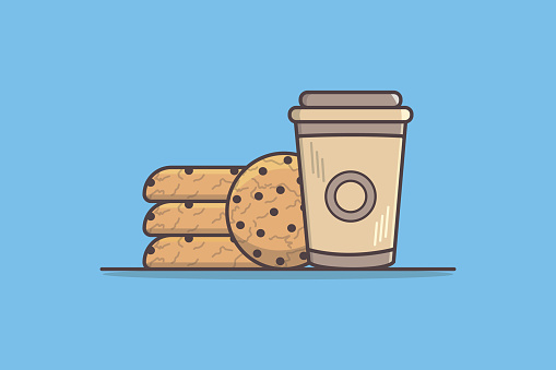 Hot Coffee with Chocolate Chip Cookies vector illustration. Food and drink object icon concept. Cafe and Restaurant breakfast food vector design with shadow on blue background.