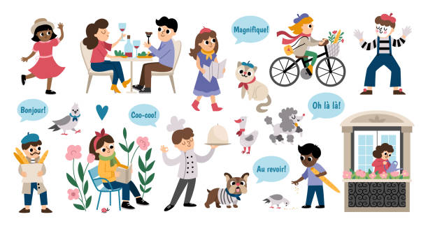 French people and animals vector set. Collection with woman reading book, cook, man with baguette, pair drinking wine, mime, girl riding a bike. Cute France icons with pigeon, goose, cat, bulldog French people and animals vector set. Collection with woman reading book, cook, man with baguette, pair drinking wine, mime, girl riding a bike. Cute France icons with pigeon, goose, cat, bulldog bulldog reading stock illustrations