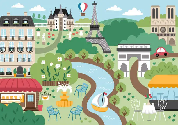 Vector illustration of Vector Paris landscape illustration. French capital city scene with sights, buildings, Eiffel tower, bakery. Cute France background with river, field, park, castle, palace, hot air balloon, chairs