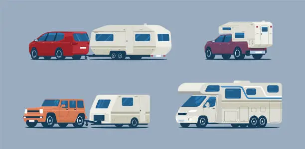 Vector illustration of Set of different campers and caravan trailers