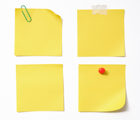 Four different blank yellow sticky note isolated on white background with clipping path.