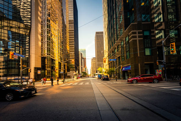 Toronto, Canada - September 2, 2022:  view along a street with some skyscraper at Toronto downtown