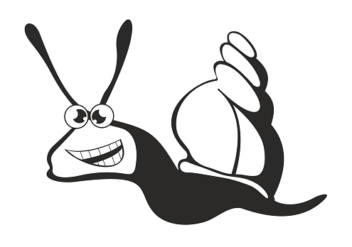 Crawling cartoon oyster. Black and white illustration