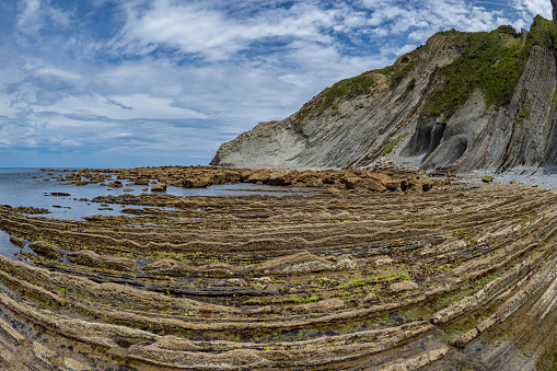Wide angle view of the beautiful cliffs and rock formations of Itzurun in Zumaia - Costa Verde