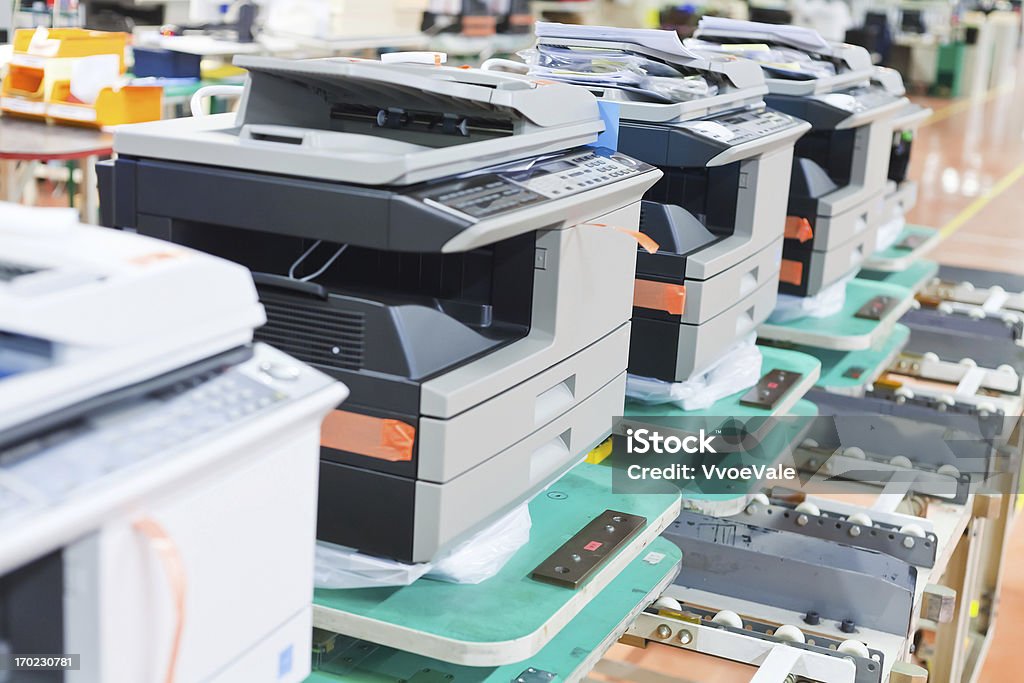 several assembled copiers on factory several assembled copiers on factory close up. Computer Printer Stock Photo