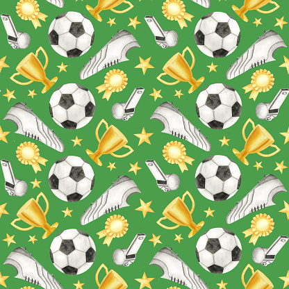 Soccer ball, football cleats, golden cup, medal and whistle. Seamless pattern. Watercolor illustration. Isolated. Sports equipment. For football club, sporting goods stores, poster and postcard design