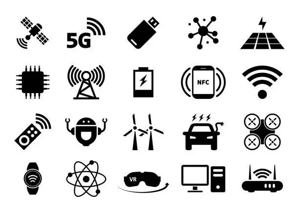 Vector illustration of Vector modern technology icon set. Different tech icons isolated on white.