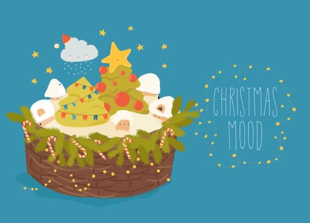 ilustraciones, imágenes clip art, dibujos animados e iconos de stock de árboles de navidad con paisaje invernal de pie en la cesta de navidad - cesta de navidad