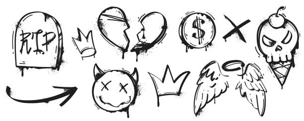 Black paint spray graffiti with splatter and drips. Street art set of angel wings, heart, crown, skull and devil sticker, arrow symbols in urban style. Painted elements isolated on white background.