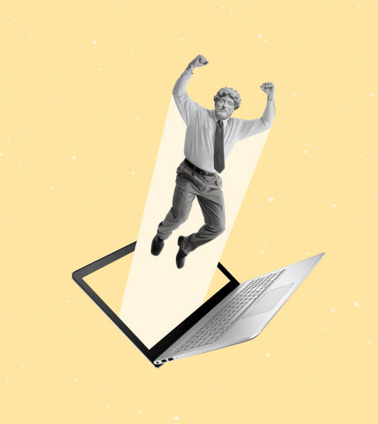 istock Contemporary art a man headed by a statue head jumping over a netbook. 1702346794