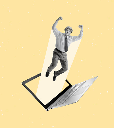 Contemporary art a man headed by a statue head jumping over a netbook. Concept of motivation, goal, professional growth, support. Modern design. Copy space.