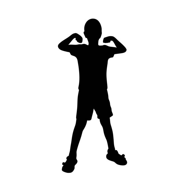 Ink silhouette of sporty boy Ink silhouette of sporty boy. Black shadow abstract guy clip art. Child figure, isolated vector illustration black and white sports silhouette stock illustrations