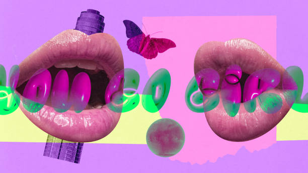 ポスター。現代アートのコラージュ。あなたは女の子に行きます。カラフルな背景に女性の唇と紫色の蝶と透明な碑文。