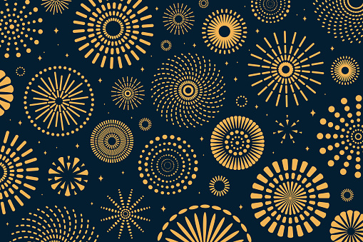 Golden fireworks 2021 New Year vector illustration, bright on dark blue background. Flat style abstract, geometric design. Concept for holiday celebration decor, greeting card, poster, banner, flyer.