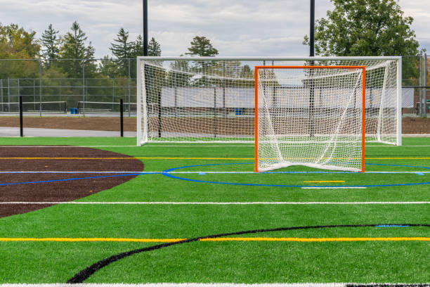 istock Lacrosse goal on a synthetic turf field with dramatic clouds. 1702349077