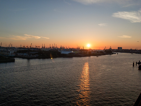 Hamburg, Germany - September 24. 2023: Port of Hamburg, shortly before sunset