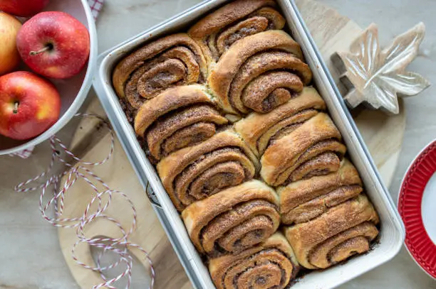 Delicious fresh baked danish cinnamon rolls. Served hot in a baking pan on light background from above.