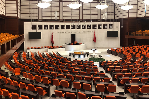 Ankara, Turkey- September 18, 2023: Inside view of The Grand National Assembly of Turkey (Turkish: Türkiye Büyük Millet Meclisi)