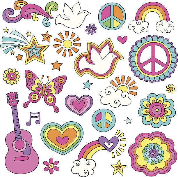 Peace and Love Flower Power Psychedelic Doodles Set Hand-drawn Retro Groovy Psychedelic Peace and Love Flower Power Notebook Doodles Set with peace signs, hearts, doves, acoustic guitar, and rainbow. Vector Illustration. Illustrator AI file also included. I ♥ Doodles! guitar symbols stock illustrations