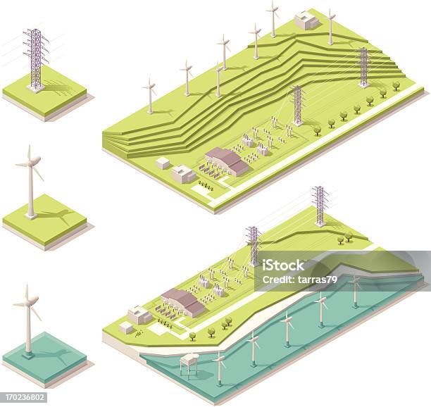 Ilustracja Wektorowa Z Isometric Farm Wiatrowych - Stockowe grafiki wektorowe i więcej obrazów Rzut izometryczny - Rzut izometryczny, Turbina wiatrowa, Morze