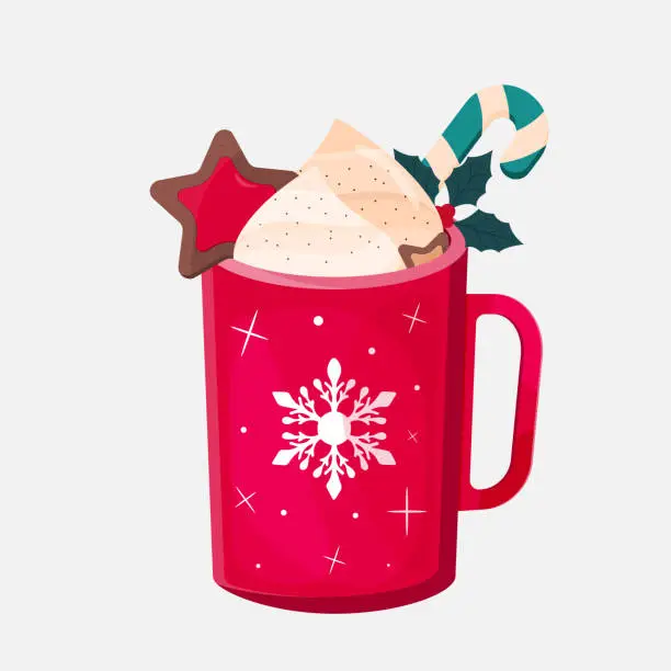 Vector illustration of Christmas hot drink with cream, candy cane and cookies in a red cup